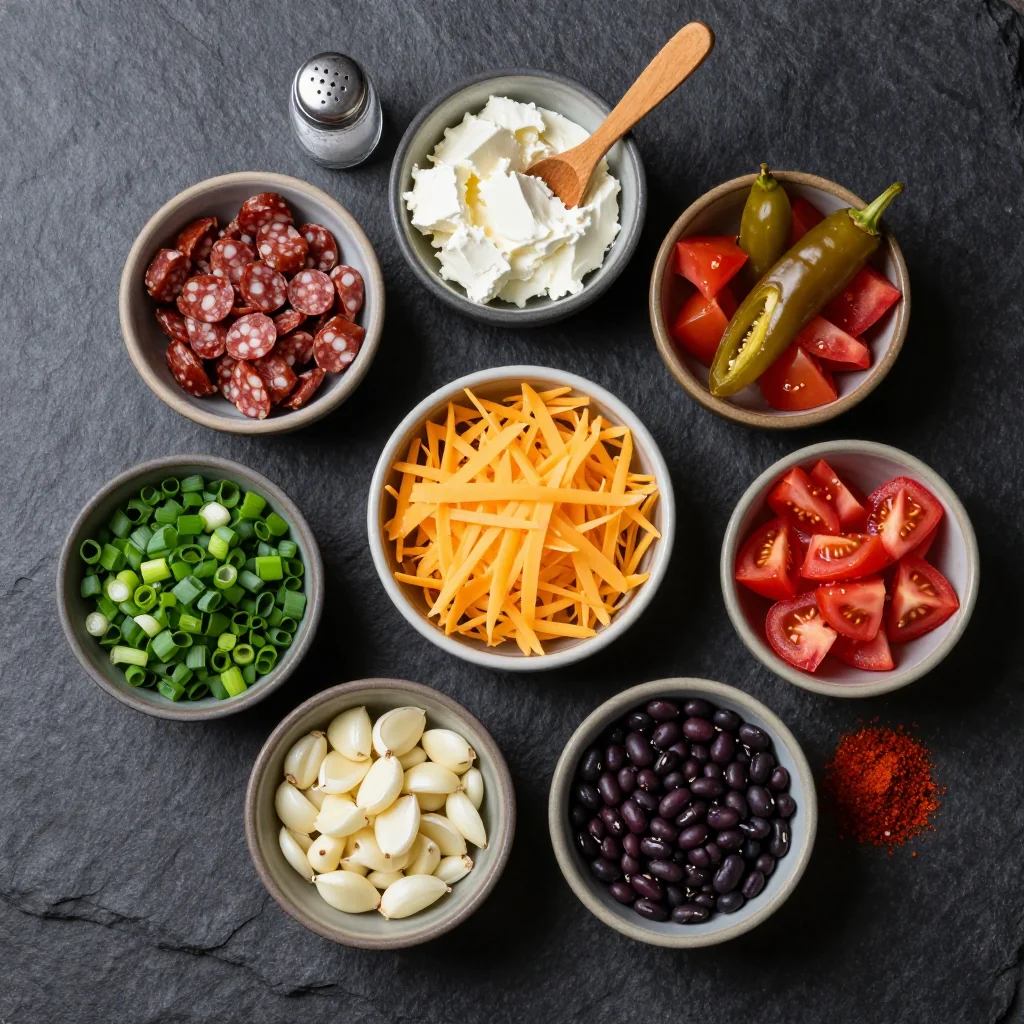 Slow cooker sausage dip ingredients arranged on a wooden board