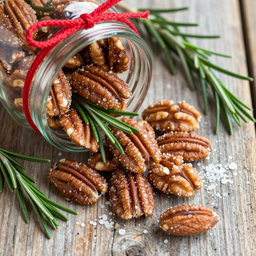 homemade holiday nut mix with rosemary and brown sugar for gifts