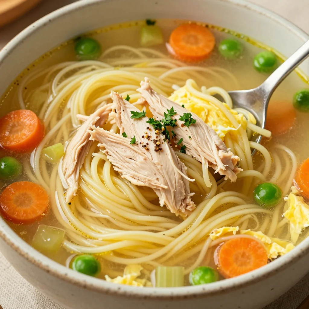 Warm Chicken and Noodle Soup with Veggies for a Sick Day