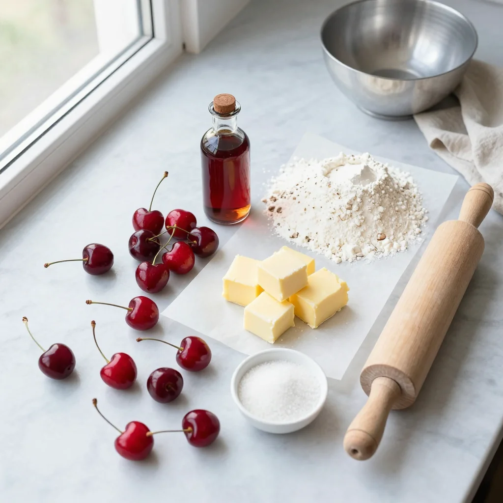 All ingredients laid out for Cherry Pie with Almond Extract