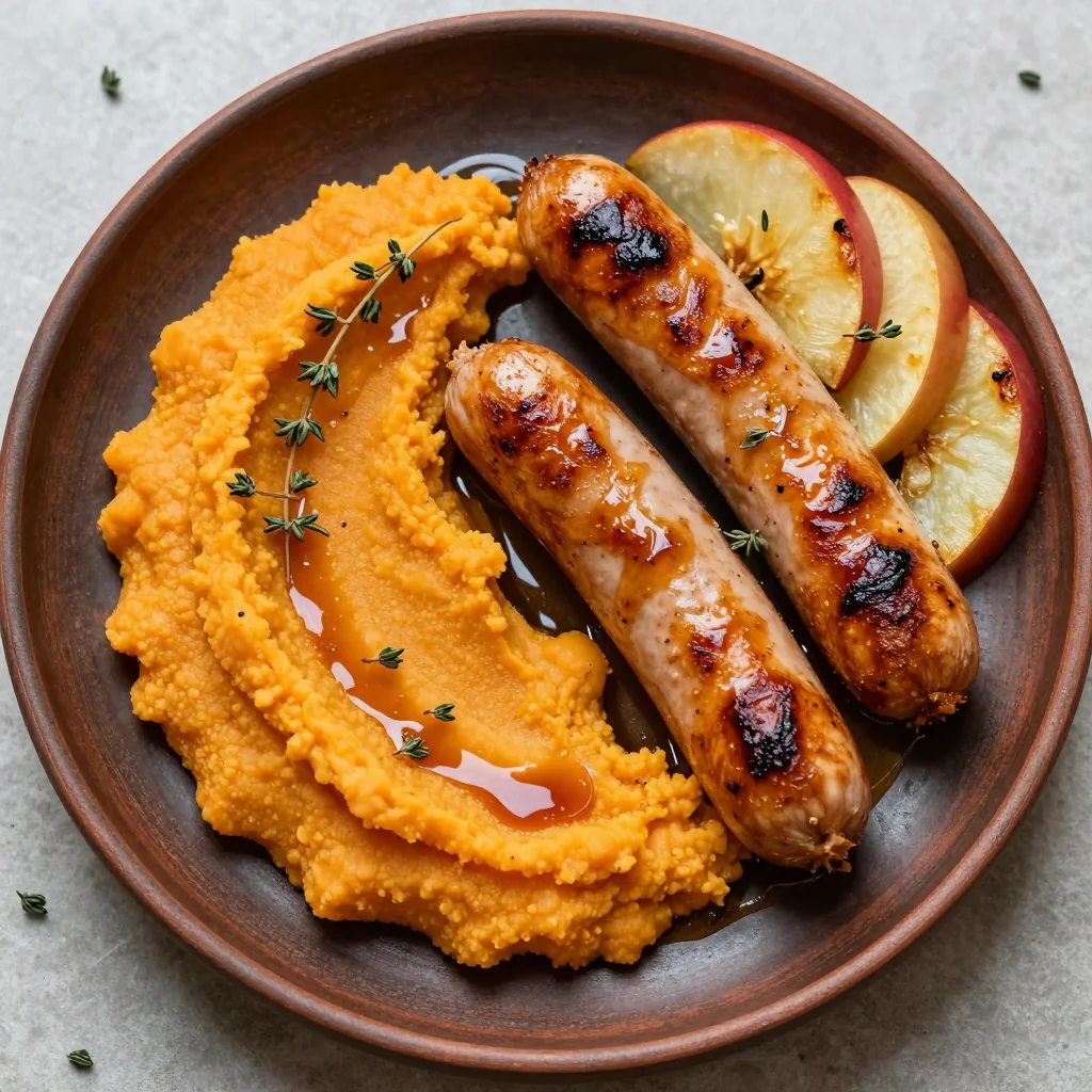 Healthy Chicken and Apple Sausage with Sweet Potato Mash