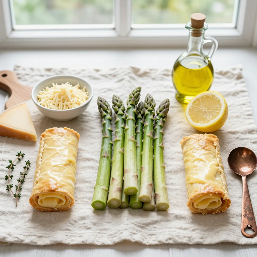 All ingredients for Asparagus Tart with Puff Pastry and Gruyere