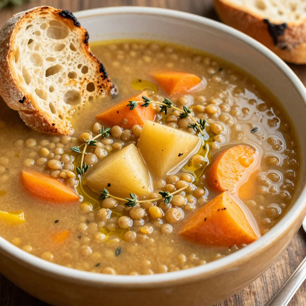 warm onepot lentil and winter root vegetable soup for family dinners