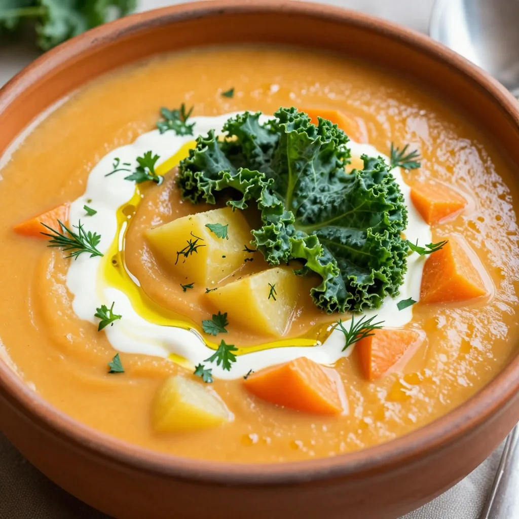 comforting creamy potato and carrot soup with kale and fresh herbs