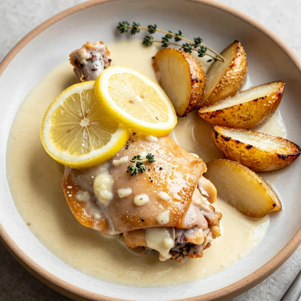 creamy garlic and lemon chicken with roasted turnips