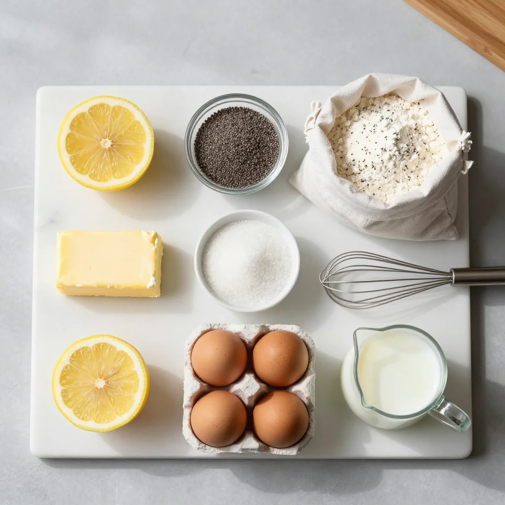 All ingredients for Lemon Poppy Seed Bread with Lemon Glaze neatly arranged on a wooden board