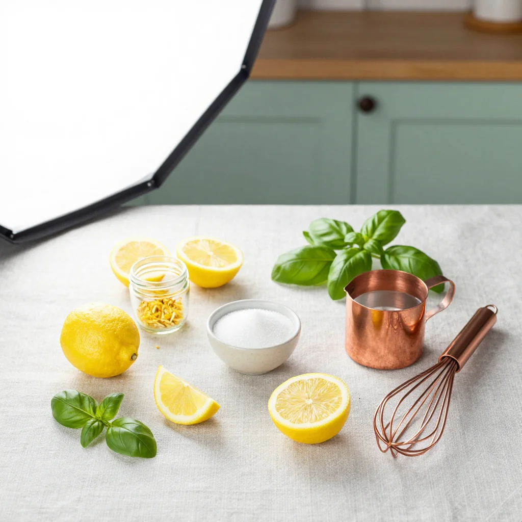 All ingredients for Lemon Sorbet with Fresh Basil neatly arranged on a wooden board