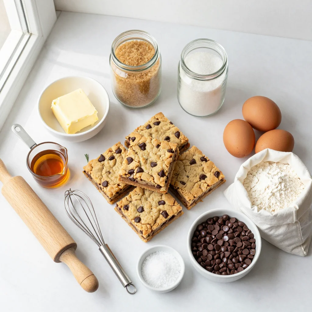 All the ingredients for Chocolate Chip Cookie Bars neatly arranged on a countertop