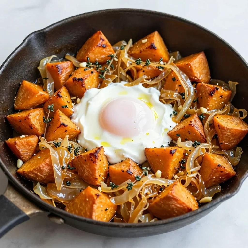 warm sweet potato and cabbage hash with garlic and thyme