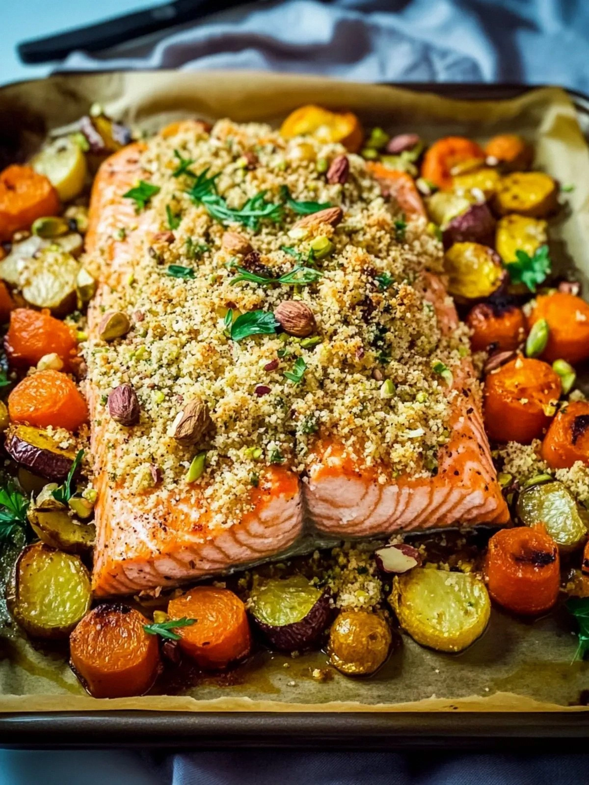 Baked Salmon with Pistachio Cr