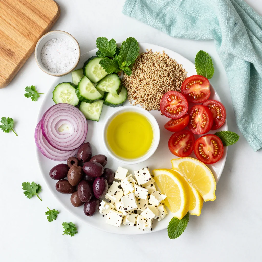 All ingredients for Healthy Mediterranean Quinoa Salad with Feta and Olives