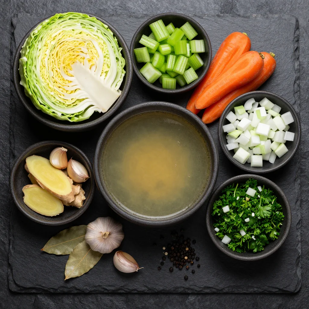 Fresh cabbage, vegetables, and herbs arranged for detox broth