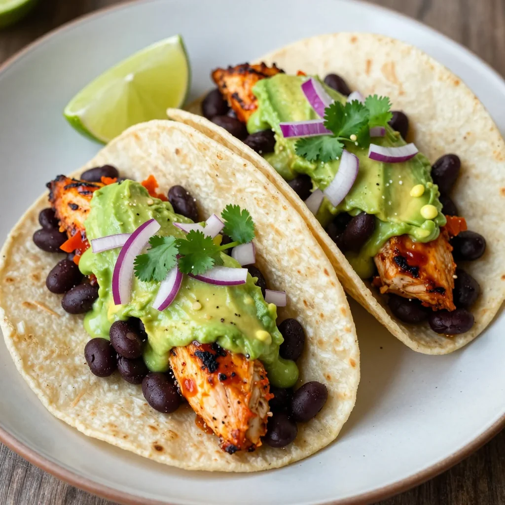 Healthy Meal Prep Spicy Chicken and Black Bean Tacos with Avocado Crema