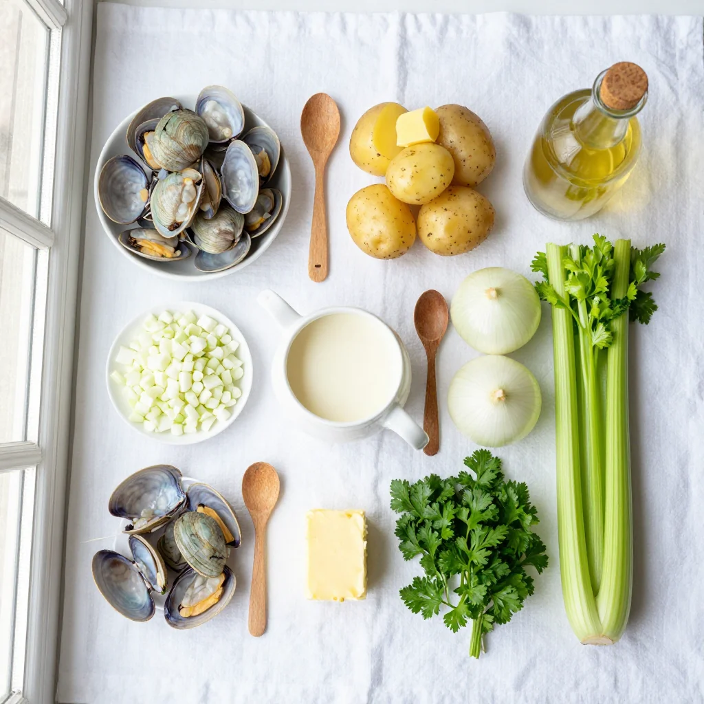 All ingredients for Creamy Clam Chowder New England Style