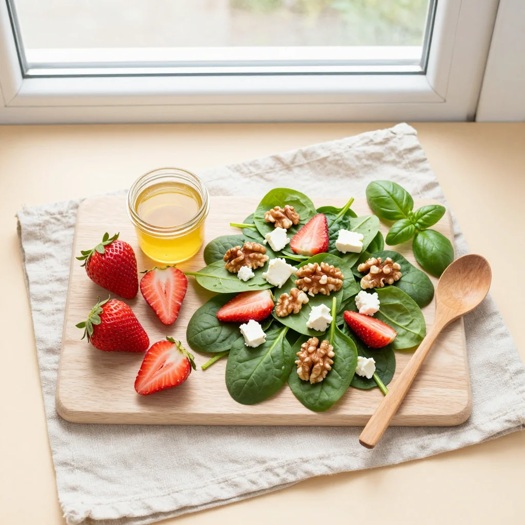 All ingredients for Strawberry Spinach Salad with Toasted Walnuts