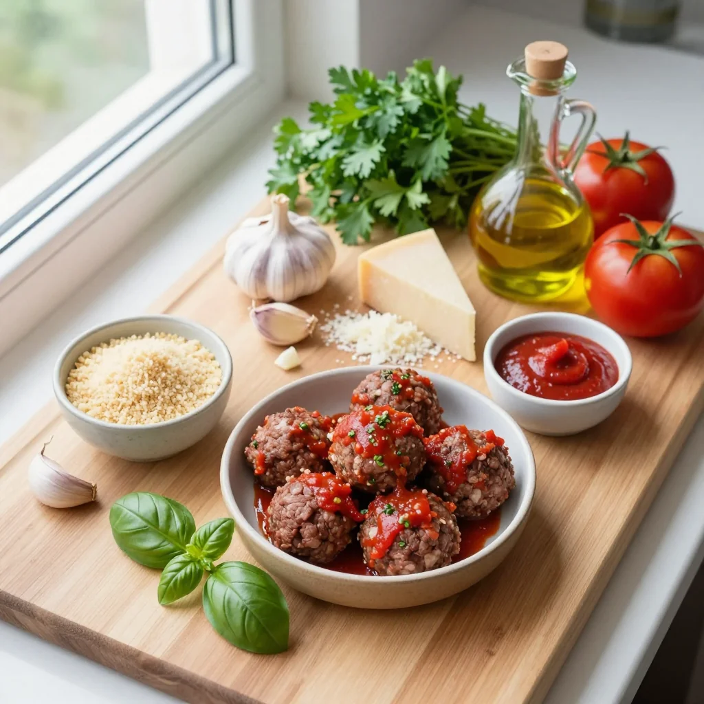 All ingredients for Beef Meatballs with Marinara Sauce
