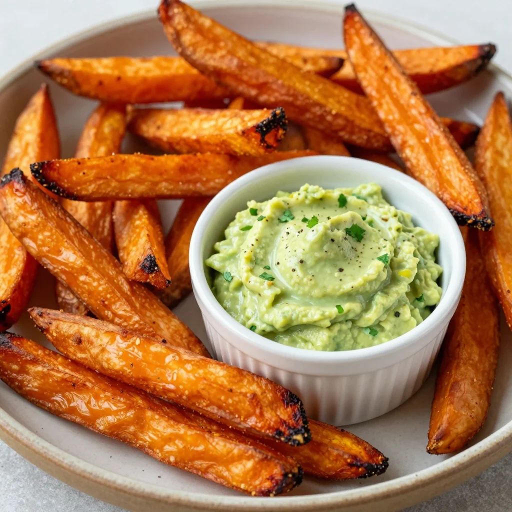 Baked Sweet Potato Fries with Avocado Lime Dip