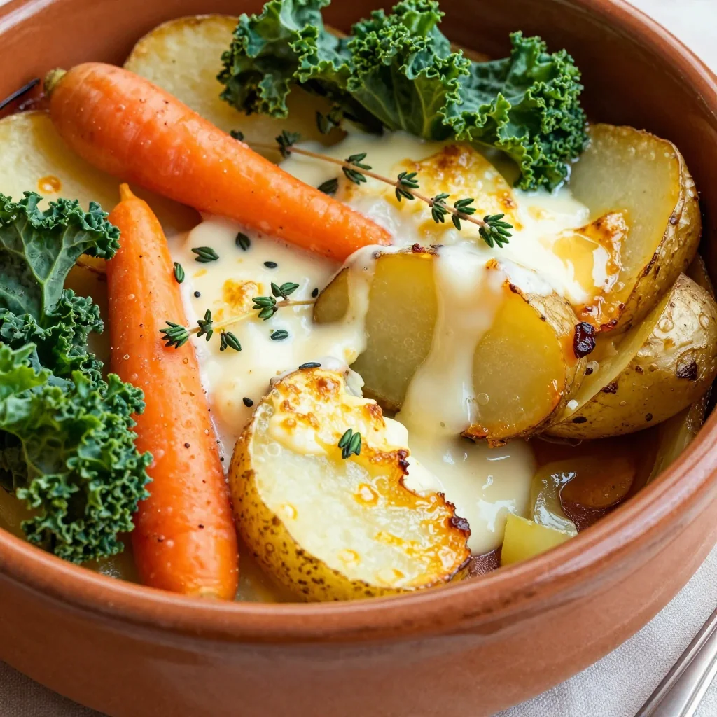 cozy winter vegetable and potato gratin with garlic for cold day comfort