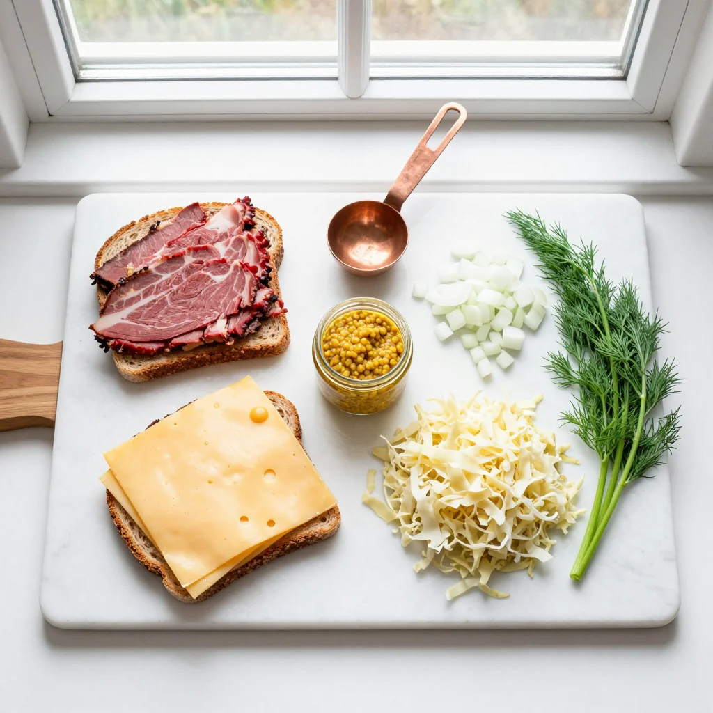All ingredients for Reuben Casserole with Rye Bread and Swiss Cheese
