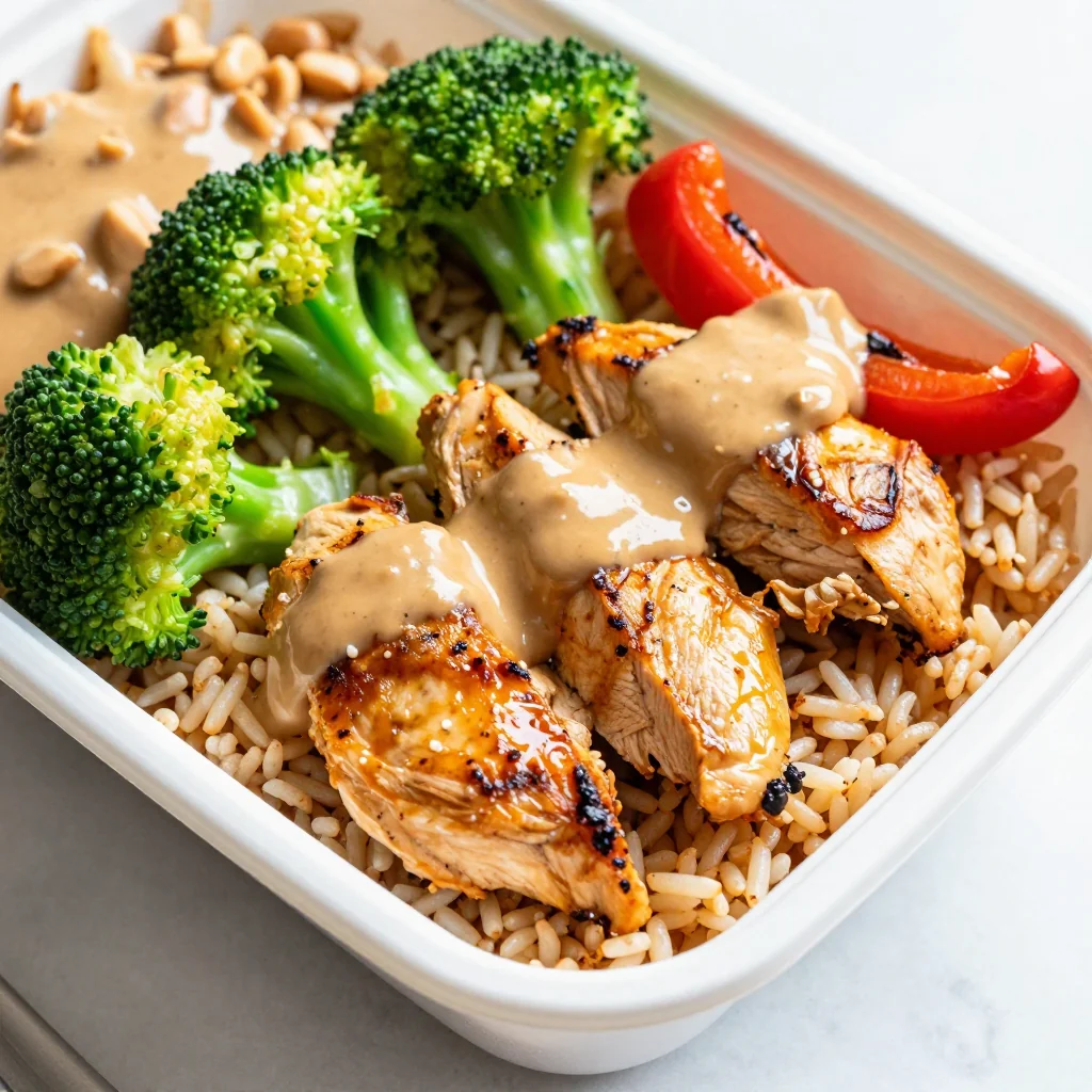 Meal Prep Chicken and Veggie Bowl with Brown Rice and Peanut Sauce for Lunch