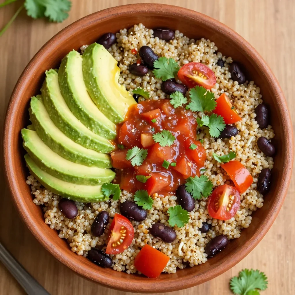Pantry Clean Out Black Bean and Quinoa Bowl with Avocado and Salsa