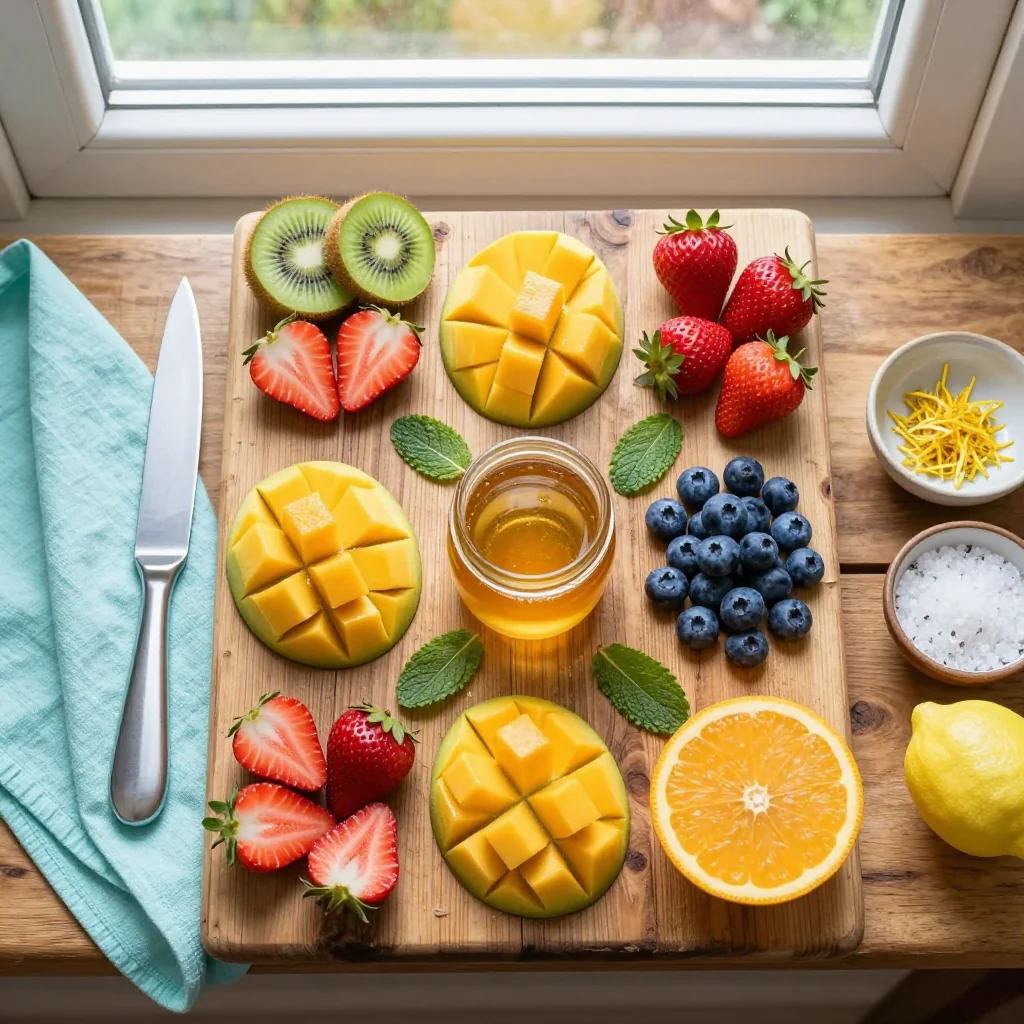 All ingredients for Fruit Salad with Mint neatly arranged on a wooden board