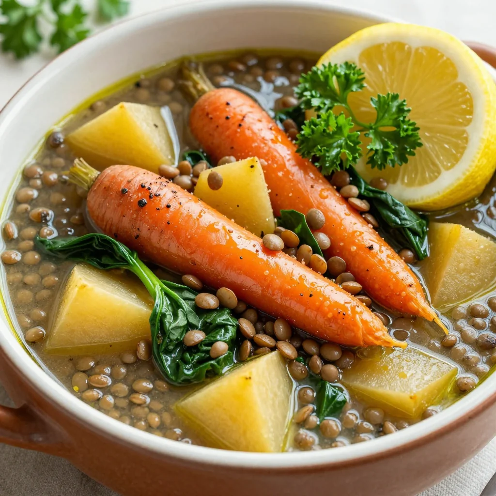 healthy one pot lentil and roasted root vegetable stew with spinach