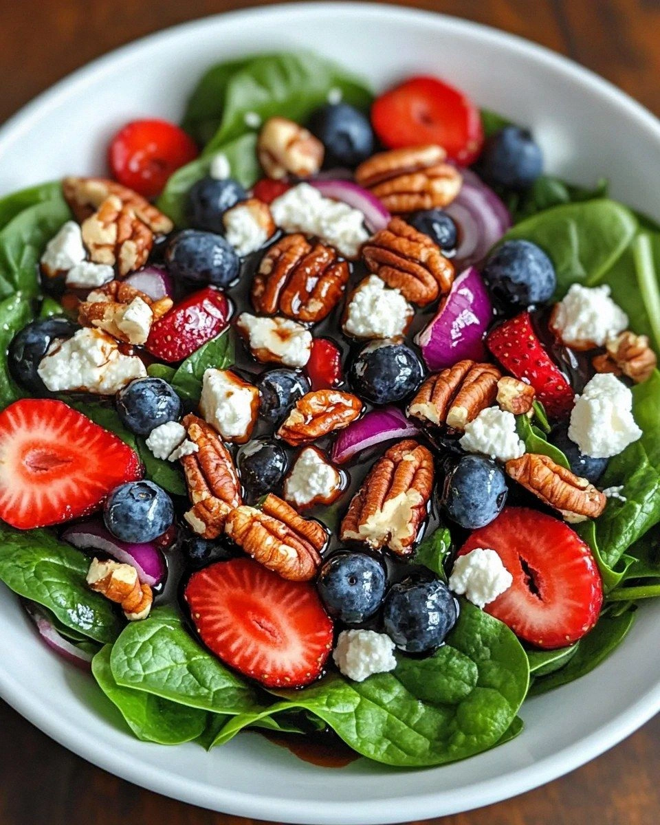 Berry Spinach Salad with Pecans, Feta, and Balsamic Glaze