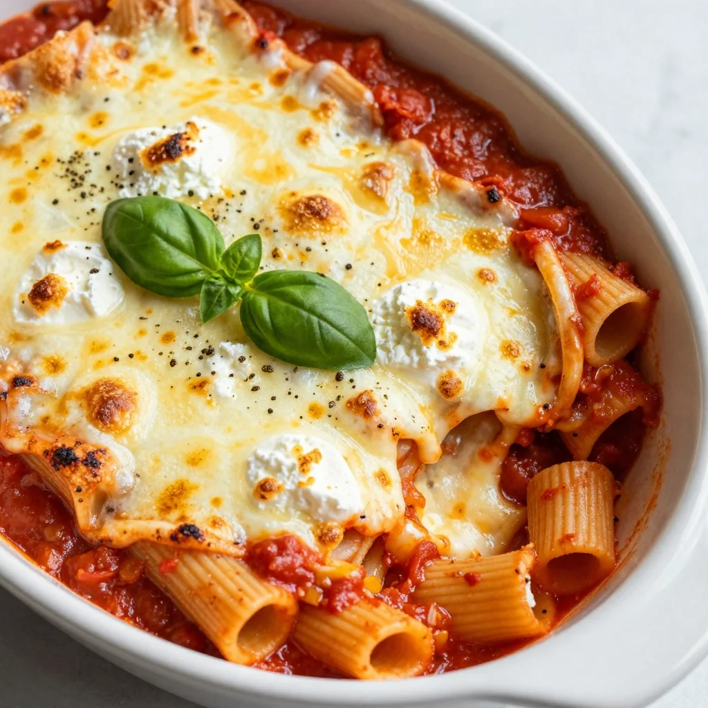 Easy Baked Ziti with Ricotta and Italian.