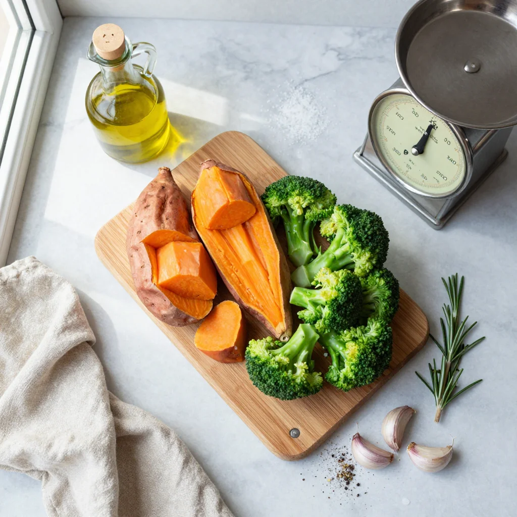 All ingredients for Roasted Sweet Potatoes and Broccoli Sheet Pan arranged on a countertop