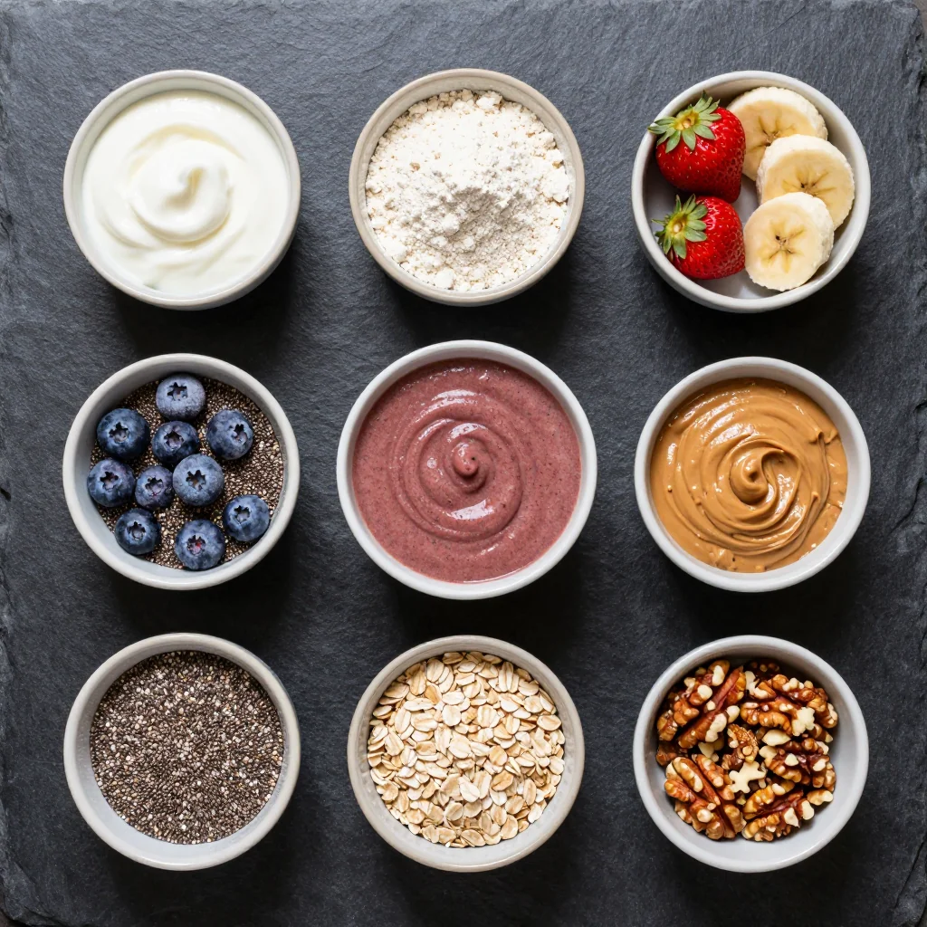 High-protein smoothie bowl ingredients neatly arranged on white marble