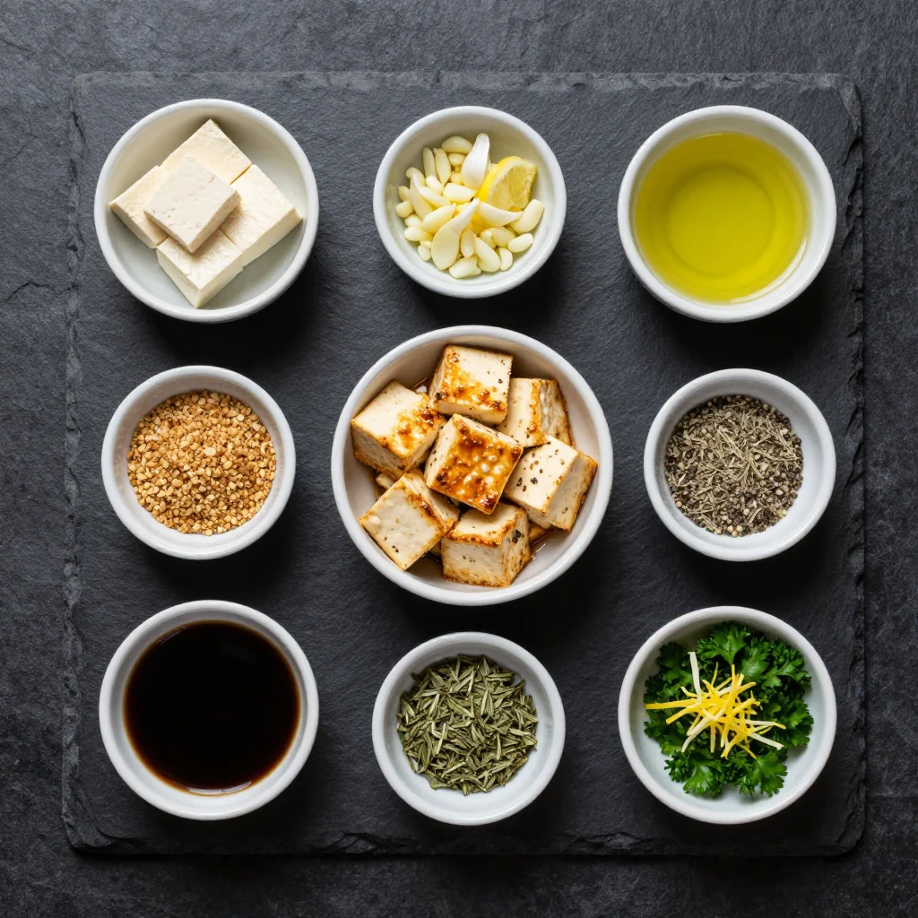 Lemon garlic baked tofu ingredients neatly arranged on a marble surface
