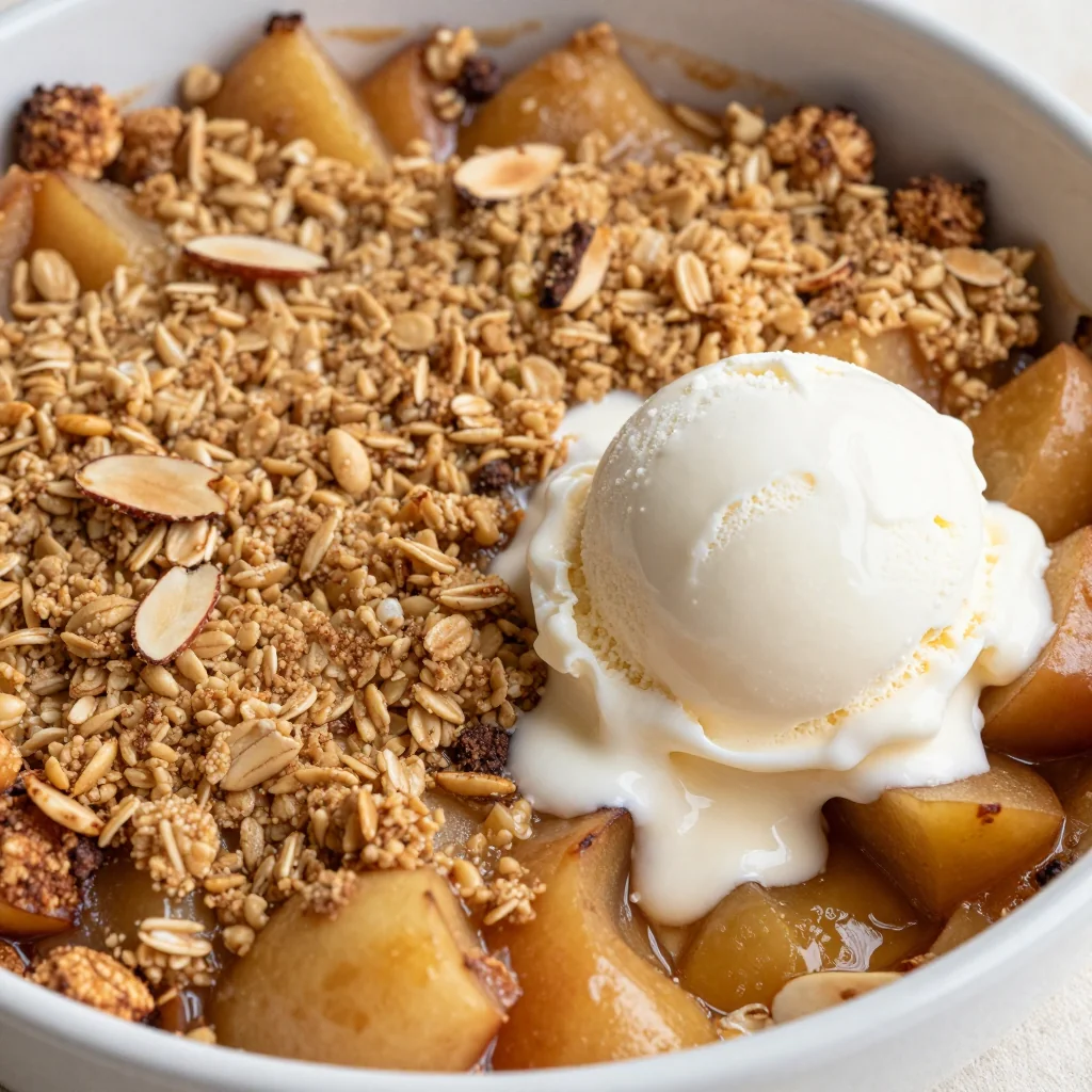 Warm Spiced Apple Crumble with Vanilla Ice Cream for a Cozy Winter Dessert