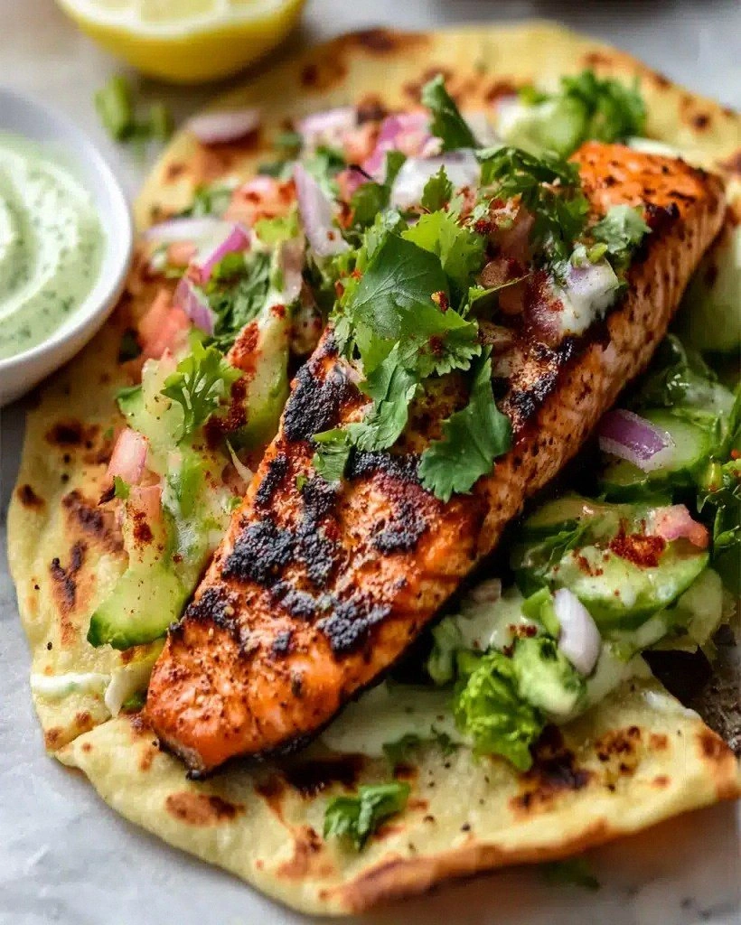 Blackened Salmon Recipe: Grilled Naan with Lime Slaw