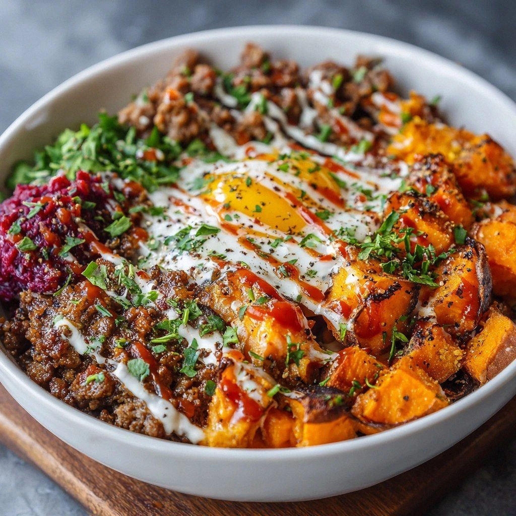 Burger Bowl with Sweet Potatoe