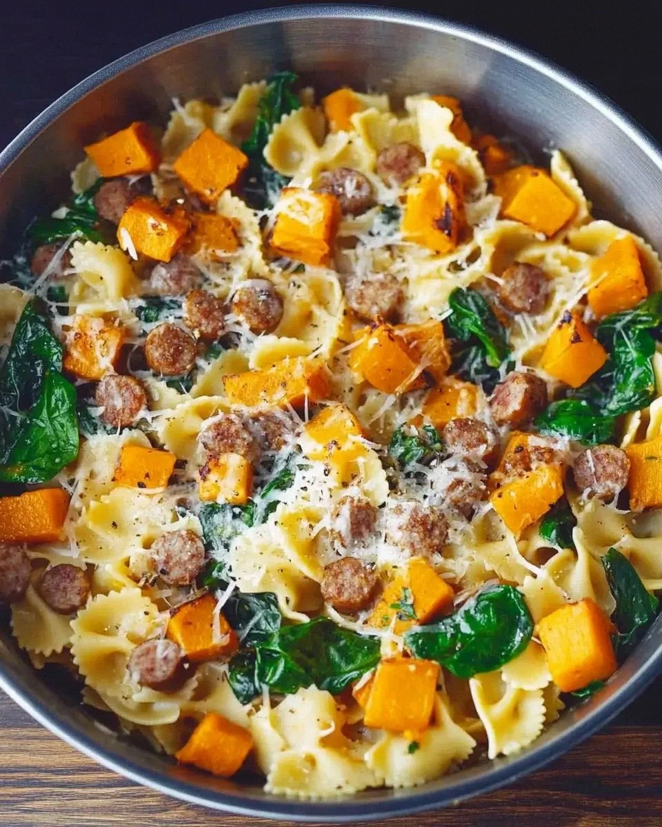 Butternut Squash Pasta with Sausage and Spinach Recipe is delicious.