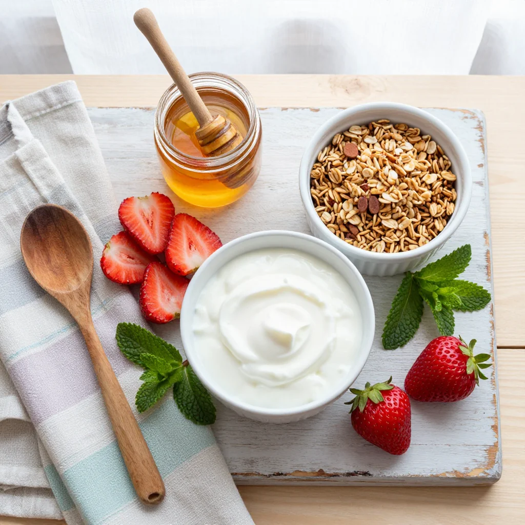 All ingredients for Strawberry Yogurt Parfait neatly arranged