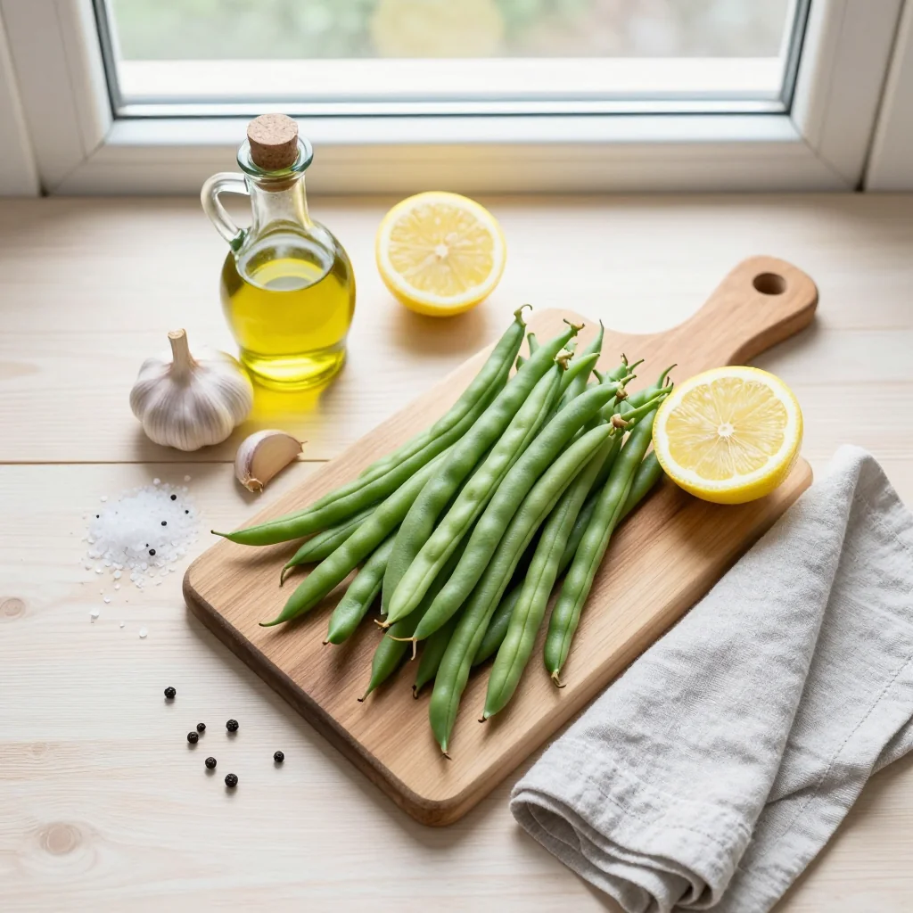 All ingredients for Lemon Garlic Green Beans neatly arranged on a wooden board