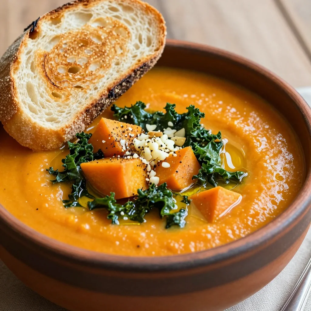 warm sweet potato and kale soup with garlic for healthy family evenings