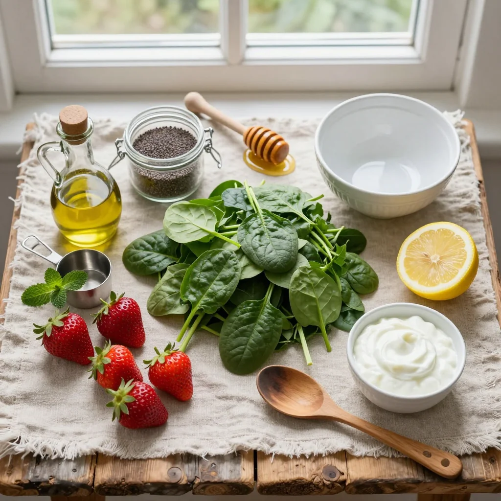 All ingredients for Spinach Strawberry Salad with Poppyseed Dressing