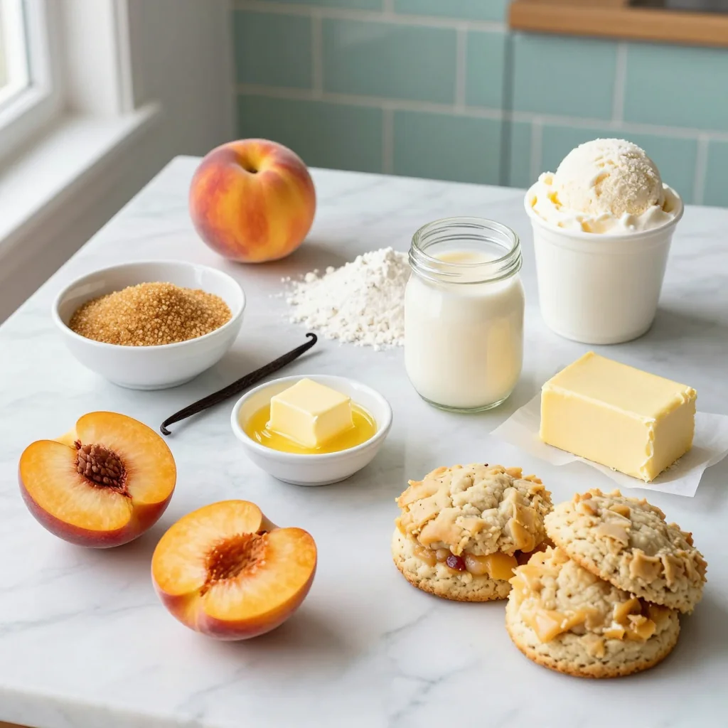 All ingredients for Peach Cobbler with Biscuits and Ice Cream