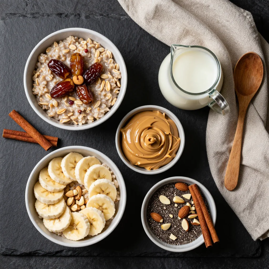 Ingredients for healthy oatmeal with dates and almond butter