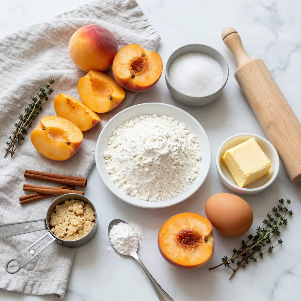 All ingredients for Peach Cobbler with Homemade Biscuit Topping