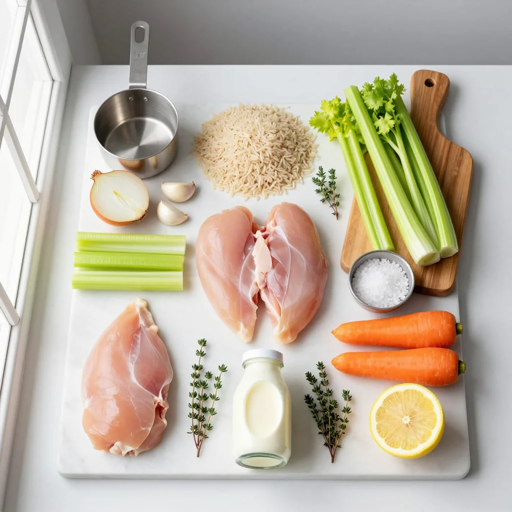 All ingredients for Creamy Chicken Rice Soup neatly arranged on a wooden board