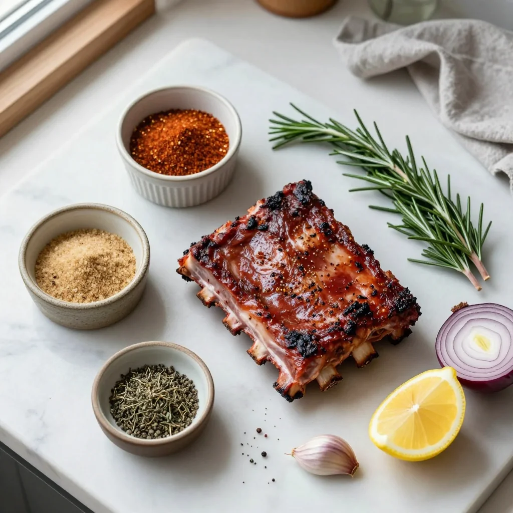 All ingredients for BBQ Ribs in Oven with Dry Rub Seasoning neatly arranged on a wooden board