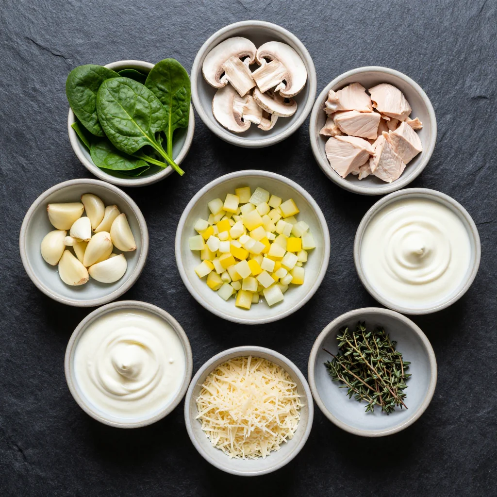 Fresh ingredients for creamy spinach and mushroom chicken including chicken breasts, baby spinach, cremini mushrooms, heavy cream, garlic, and herbs