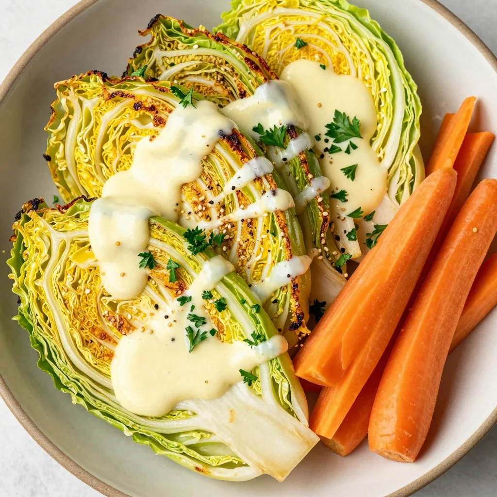 clean eating roasted cabbage and carrots with creamy lemon sauce