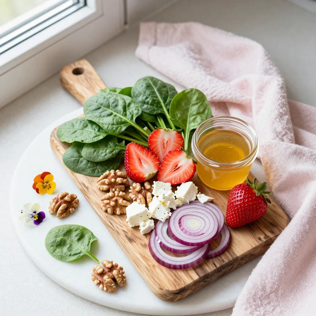 All ingredients for Strawberry Spinach Salad with Walnuts