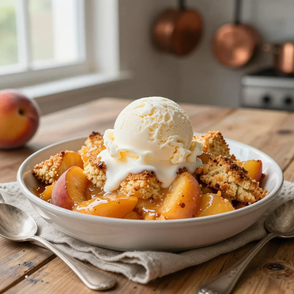 Peach Cobbler with Biscuits and Ice Cream