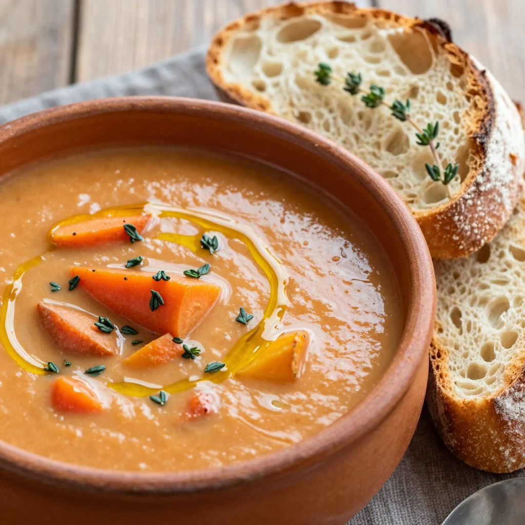 roasted root vegetable soup with fresh thyme and crusty bread